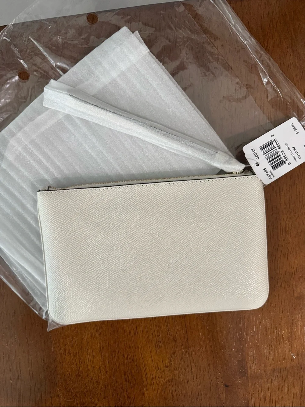 Coach Large Corner Zip Wristlet Crossgrain Leather Chalk White with Gold
